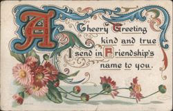 A Cheery Greeting, Ornate Initial A with Pink and Red Flowers Postcard