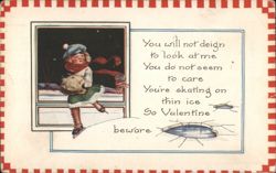 Girl Ice Skating on Thin Ice, Valentine's Day Greeting with Warning Postcard