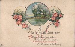 Birthday Greeting with Roses and Lake Scene Vignettes Postcard