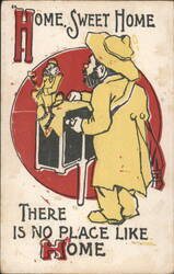 Home Sweet Home Cartoon with Man and Miniature Figure Postcard