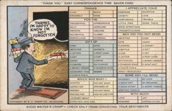 Comic Thank You Easy Correspondence Time Saver Card with Checklist Postcard