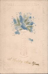 Embossed Blue Flowers in Vase, A Happy New Year Greeting Postcard