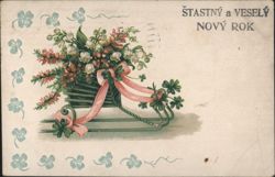 Happy New Year Czech Greeting with Flowers, Ribbons, and Shamrocks Postcard