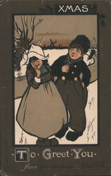 XMAS To Greet You, Dutch Children in Snow with Windmill Postcard