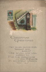 Christmas Greetings, Grandfather Clock, Staircase, and Wreath Postcard