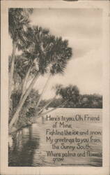 Sunny South Palm Trees and Water with Poetic Greeting Postcard