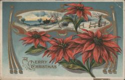 Merry Christmas Poinsettias Winter Scene Postcard