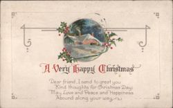 A Very Happy Christmas Greeting with Snowy House and Holly Postcard