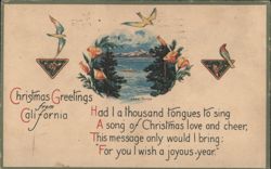 Christmas Greetings from California, Lake Tahoe with Poppies and Birds Postcard