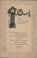 Christmas Wishes with Grandfather Clock and Holly Garland Postcard