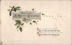 Wishing You A Merry Christmas Day Holly Berries Poem Postcard