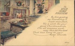 Home Fireside Christmas Greeting with Fireplace and Holly Decorations Postcard
