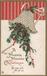 Christmas Bell with Holly & Pinecones, 'A Merrie Merrie Christmas' Postcard