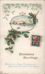Christmas Greetings with Holly, Winter Village Scene, and Santa Claus Stamp Postcard