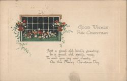 Christmas Good Wishes with Floral Window Box and Poem Postcard