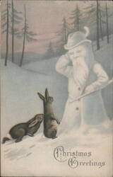 Snowman and Rabbits in Winter Forest - Christmas Greetings Postcard