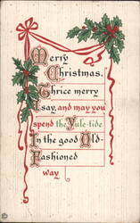 Old-Fashioned Christmas Greeting with Holly and Ribbon Postcard