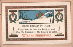 A Merry Christmas Greeting with Winter Scene, Wreaths, and Candles Postcard