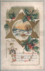 Christmas Greeting with Winter Scene in Star Frame and Holly Postcard