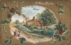 A Merry Christmas Village Landscape with Figures and Holly Border Postcard