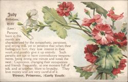 July Birthstone Ruby, Primrose Flower, Personality Traits Postcard