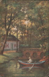Man Rowing on Stream with House and Bridge - Away From The Whirl Postcard