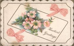 Heartiest Greetings with Pink Flowers and Bows Postcard