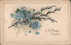 A Happy Easter with Pussy Willows, Blue Flowers, and Bell Postcard