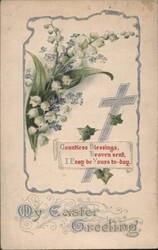 Easter Greeting with Lily of the Valley, Forget-Me-Nots & Cross Postcard