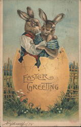 Dressed Bunnies in Cracked Eggshell, Easter Greeting Postcard