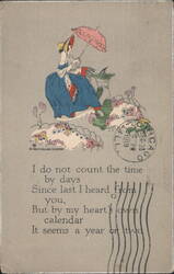 Woman with Pink Parasol and Poem, 'I do not count the time by days' Postcard