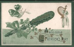 Welcome St. Patrick's Day with Shamrocks, Harp, and Shillelagh Postcard