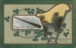 Erin Go Bragh, Cromwell Bridge Glengarriff, Shillelagh, Irish Harp & Shamrocks Postcard