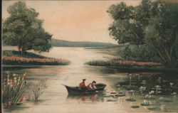 Two Men in Rowboat on Scenic River with Lily Pads and Lush Trees Postcard