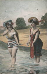 Women in Early 20th Century Swimsuits at the Beach Postcard