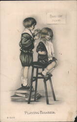 Children Playing Barber, 'Hare Cut 1 Cent' Sign Postcard