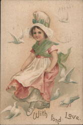 Girl in Bonnet with Doves, With Fond Love Postcard