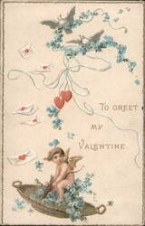 Cupid in Basket with Doves & Forget-Me-Nots, To Greet My Valentine Postcard