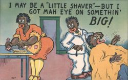 Black Americana Comic Barbershop Scene, Manicure, 'Little Shaver' Pun Postcard