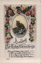 Loving Birthday Greetings with Cat and Roses Postcard