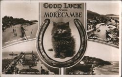 Good Luck from Morecambe with Kitten in Horseshoe & Coastal Views Postcard