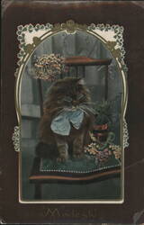Fluffy Brown Cat with Blue Bow on Chair, Modesty Postcard