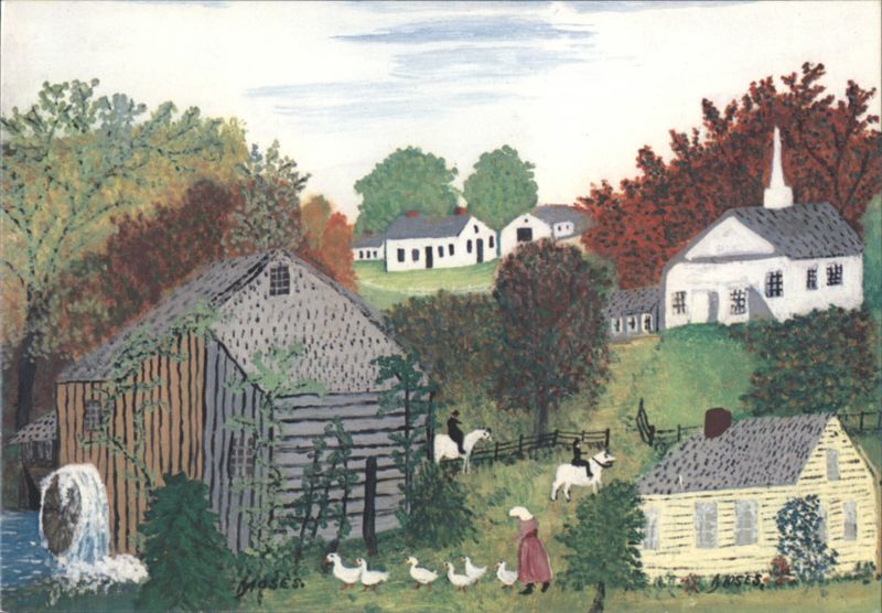 Grandma Moses Autumn Rural Landscape Painting Artist Signed