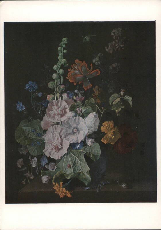 Hollyhocks and other Flowers in a Vase, Jan van Huysum