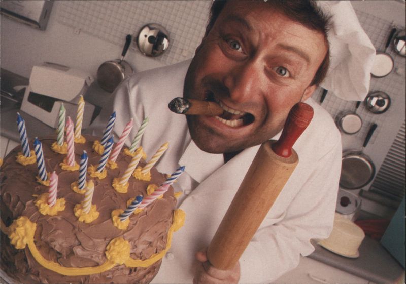 Man in Chef Hat with Cigar, Rolling Pin, Birthday Cake