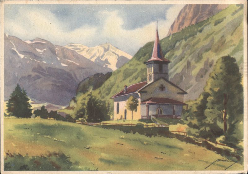 Lötschbergbahn: Church in Mountain Valley, Kandergrund Switzerland