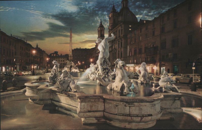 Piazza Navona Fountains, Rome at Dusk Italy