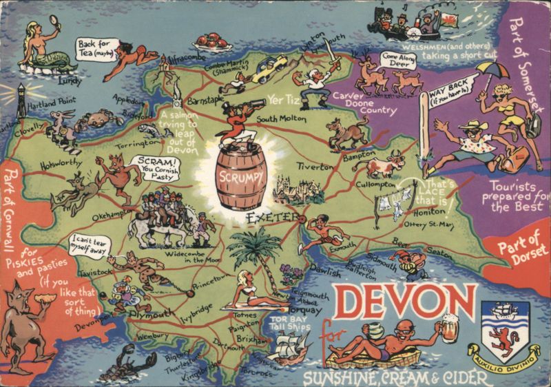 Cartoon Map of Devon, England - Sunshine, Cream & Cider United Kingdom
