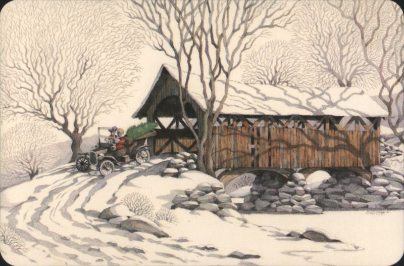 Season's Greetings Winter Covered Bridge Vintage Car