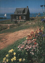 Monhegan Island House, Sailboat & Flowers Postcard